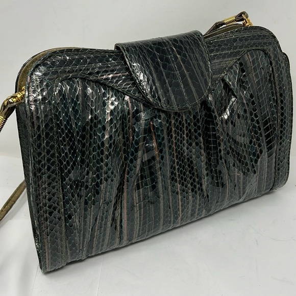 J Renee Gray Green Python Zip Top Vintage Clutch Shoulder Bag - Picture 3 of 14
